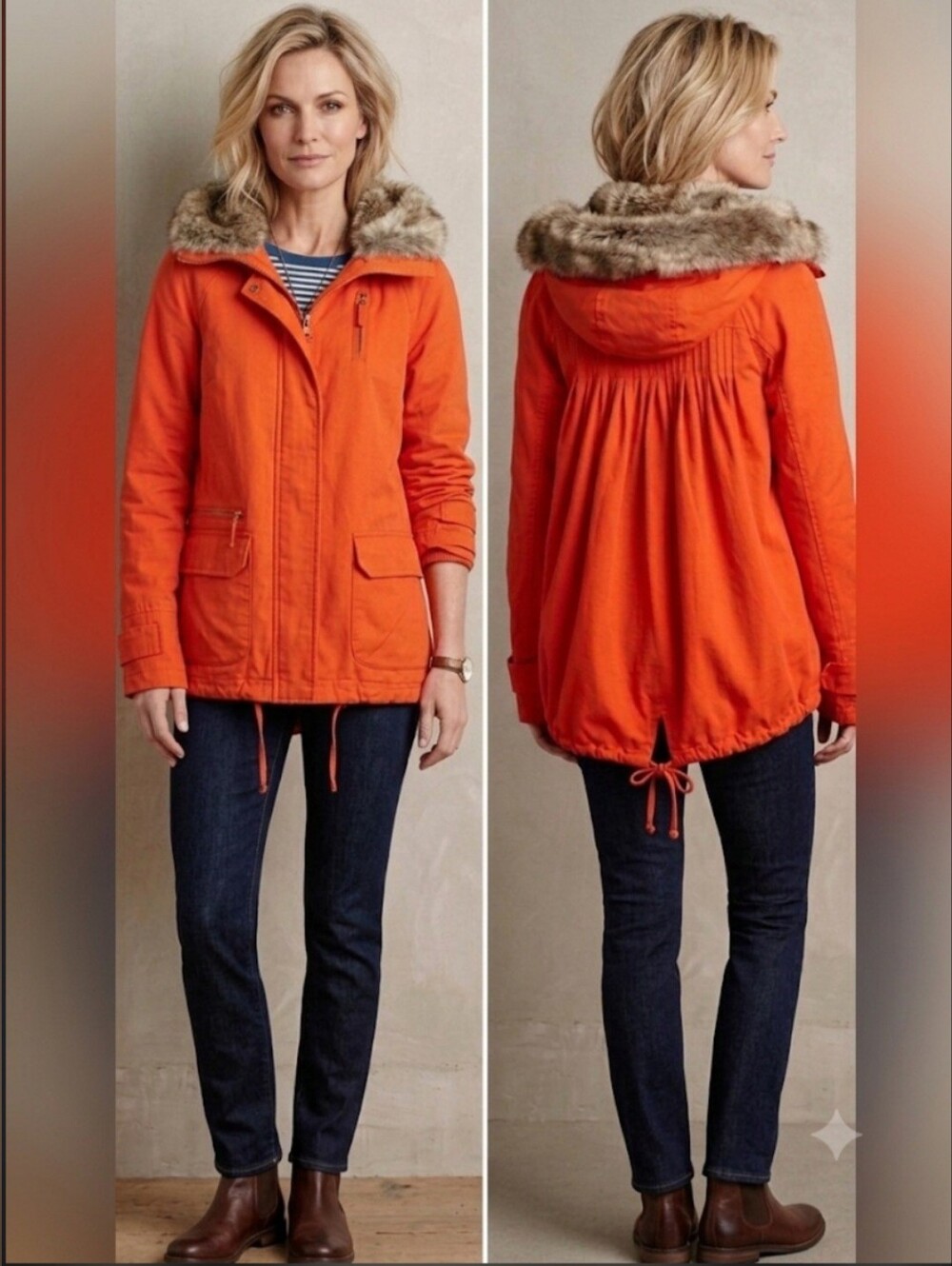Anthropologie Daughters Of The Liberation Parka Jacket Fur Hood / Sz XS / Orange